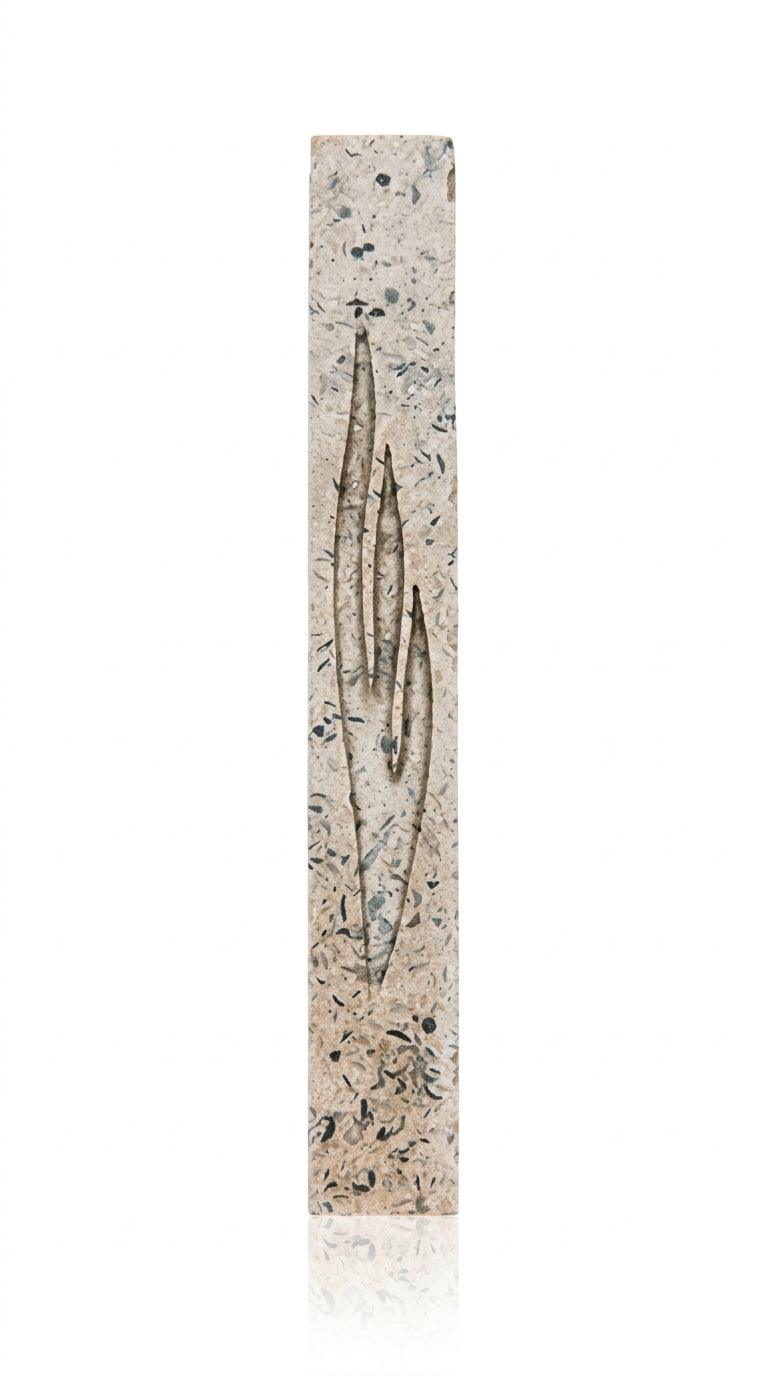 High-resolution image of a handcrafted Jerusalem stone mezuzah in gray, showing detailed surface texture, engraved Hebrew letters, and decorative motifs with a white studio background and soft reflection.