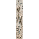 High-resolution image of a handcrafted Jerusalem stone mezuzah in gray, showing detailed surface texture, engraved Hebrew letters, and decorative motifs with a white studio background and soft reflection.