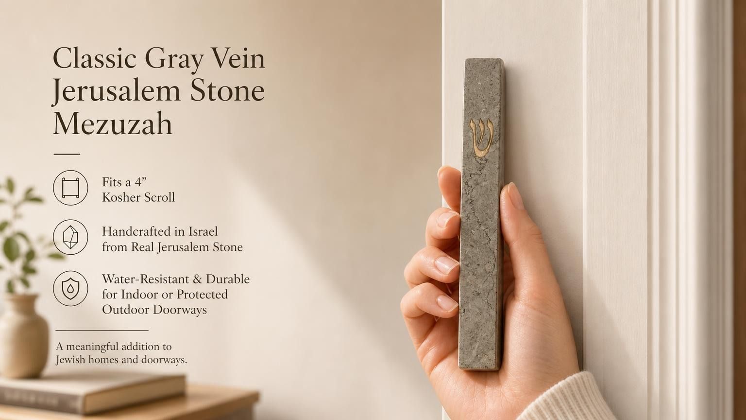 Classic Gray Vein Jerusalem Stone mezuzah case made in Israel, shown with natural gray stone texture and kosher scroll fit