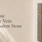 handcrafted Jerusalem stone mezuzah with gold accents, detailed texture, natural surface variations, installed on a light doorway with natural texture