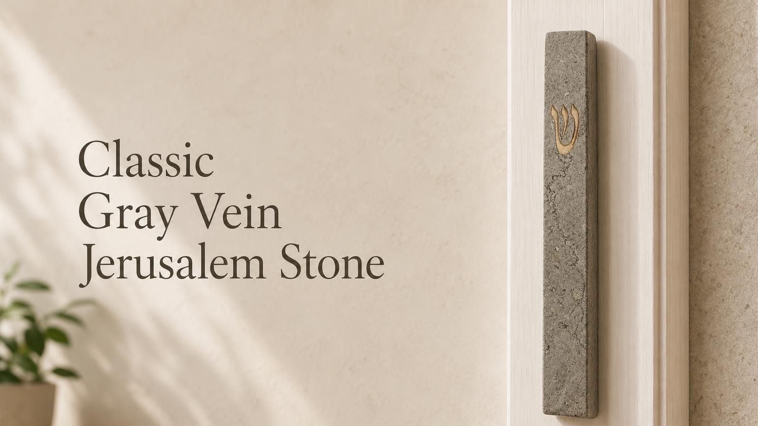 handcrafted Jerusalem stone mezuzah with gold accents, detailed texture, natural surface variations, installed on a light doorway with natural texture