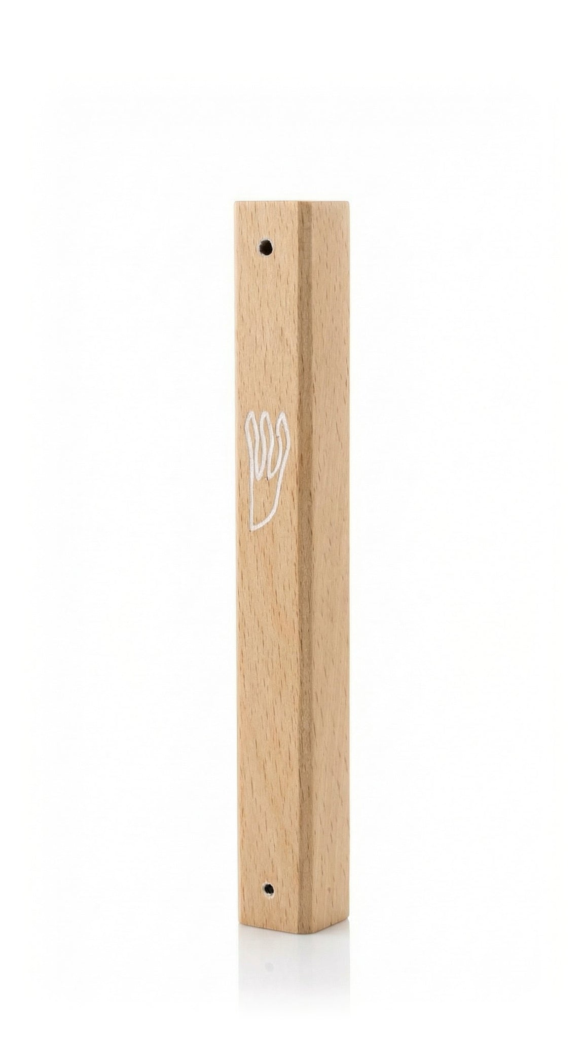 Classic Natural White Oak Wood Mezuzah cover with honey beige grain and a delicate white outline Shin on a slim wooden body that brings natural warmth and traditional Jewish character to the doorpost