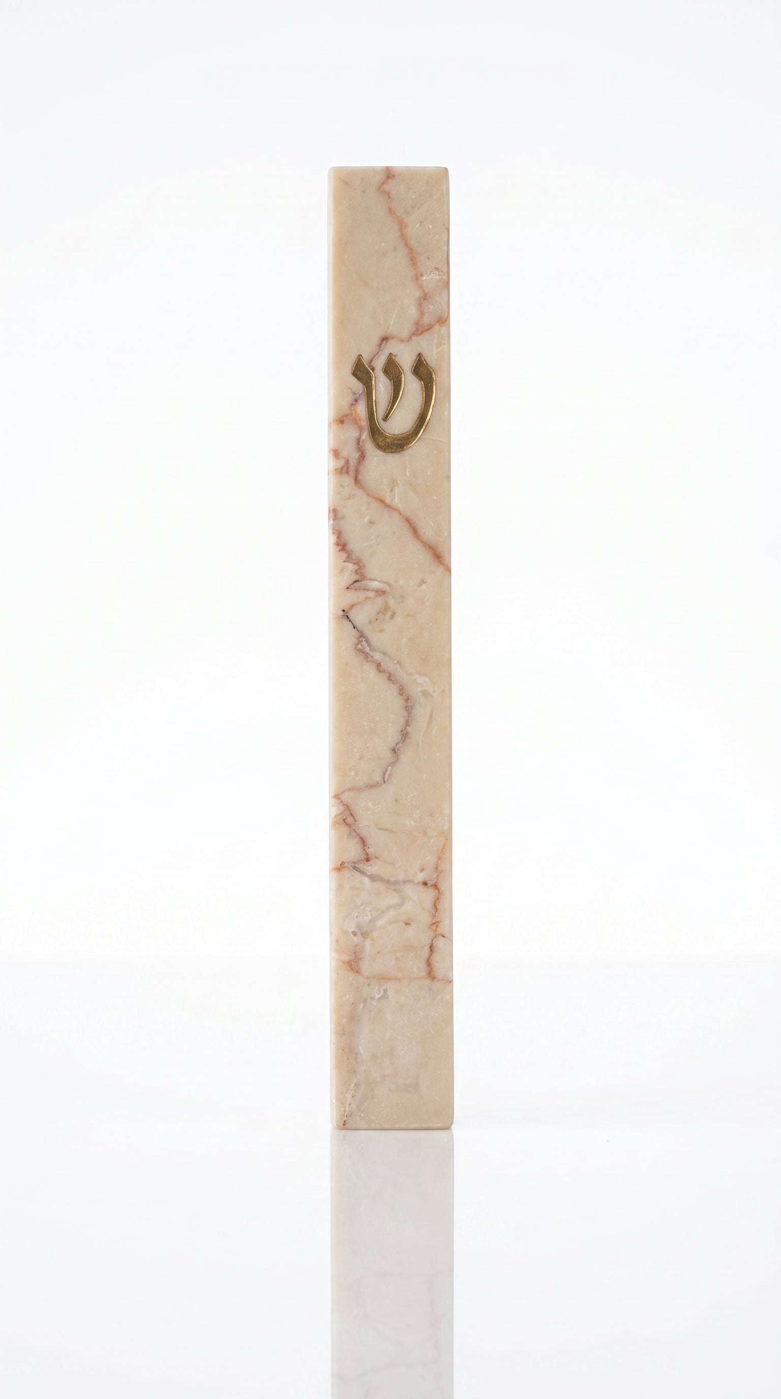 Rose Vein Jerusalem stone mezuzah case on a white background, showing a slim cream natural-stone body, rose-red mineral veining, and a raised gold Hebrew Shin