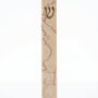 Rose Vein Jerusalem stone mezuzah case on a white background, showing a slim cream natural-stone body, rose-red mineral veining, and a raised gold Hebrew Shin