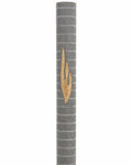 Yerushalayim extra large gray Jerusalem stone mezuzah, 9 inches, plain face with gold band, shown on white.