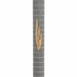 Yerushalayim extra large gray Jerusalem stone mezuzah, 9 inches, plain face with gold band, shown on white.
