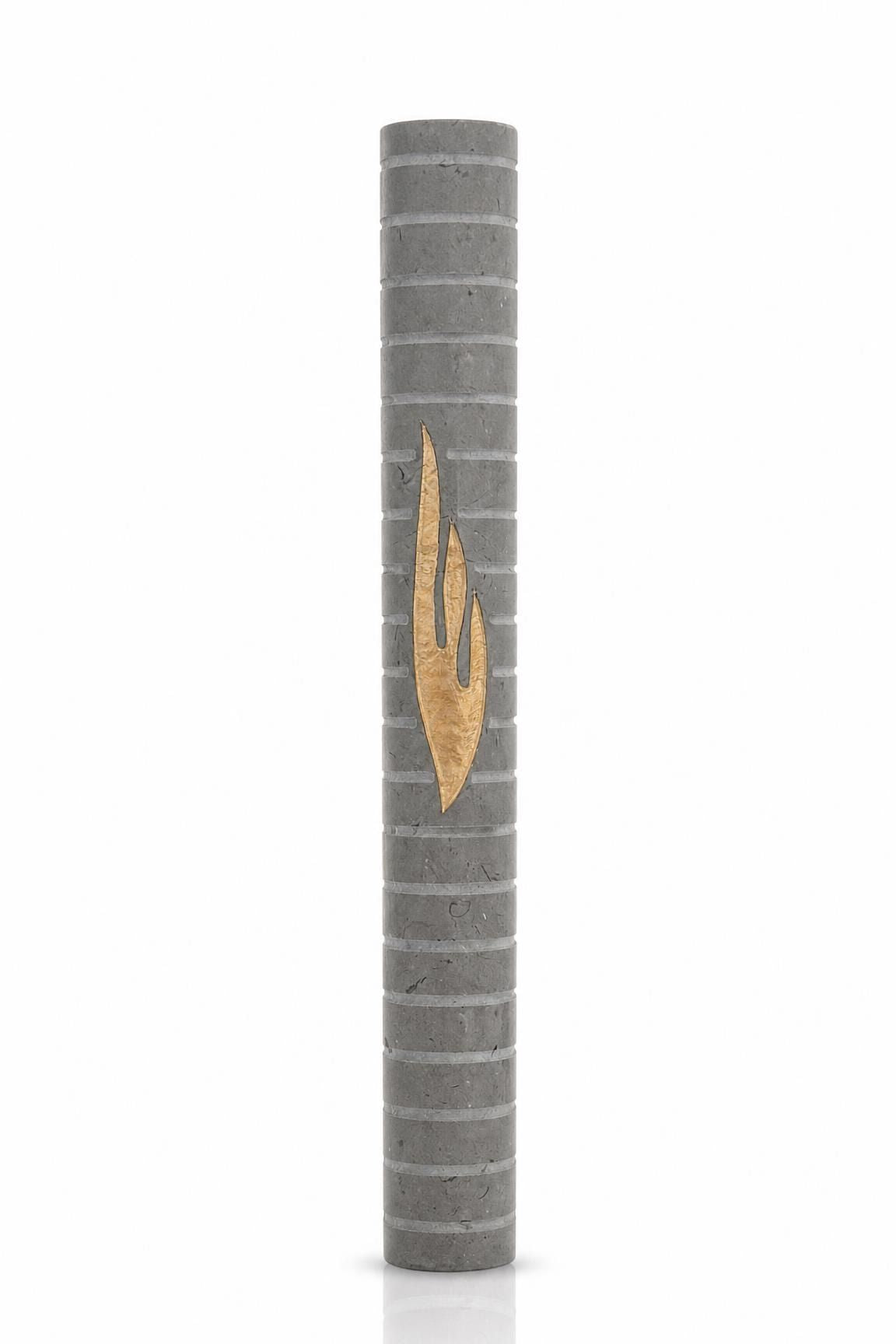 Yerushalayim extra large gray Jerusalem stone mezuzah, 9 inches, plain face with gold band, shown on white.