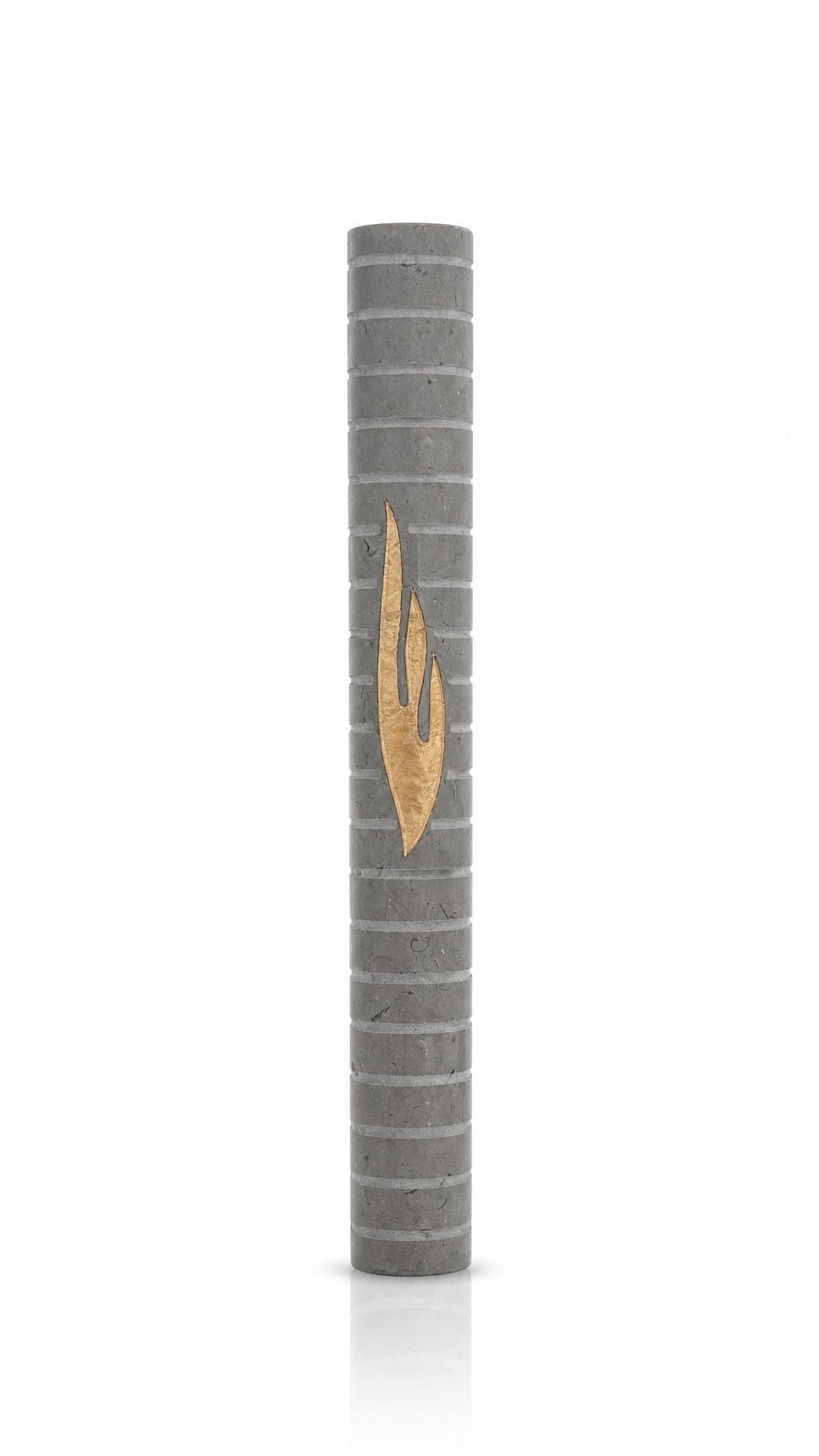 Yerushalayim extra large gray Jerusalem stone mezuzah, 9 inches, plain face with gold band, shown on white.