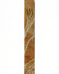 High-resolution image of a classic Jerusalem stone mezuzah with detailed engravings and symbols, set against a bright white studio background with a subtle reflection.