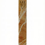 High-resolution image of a classic Jerusalem stone mezuzah with detailed engravings and symbols, set against a bright white studio background with a subtle reflection.