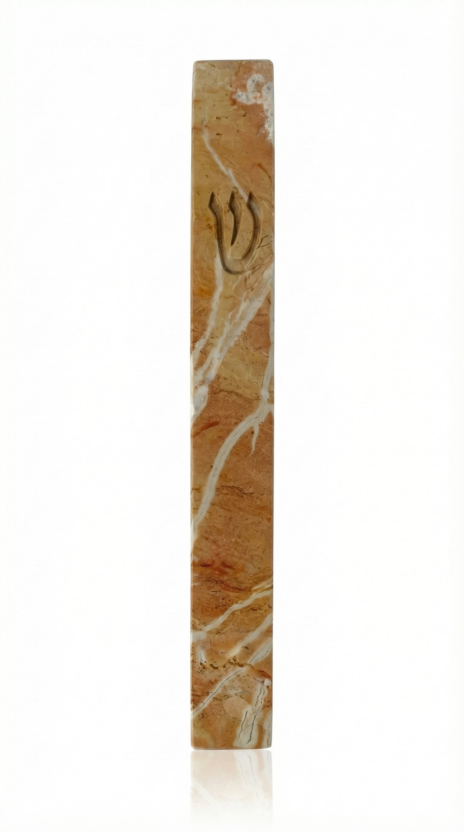 High-resolution image of a classic Jerusalem stone mezuzah with detailed engravings and symbols, set against a bright white studio background with a subtle reflection.