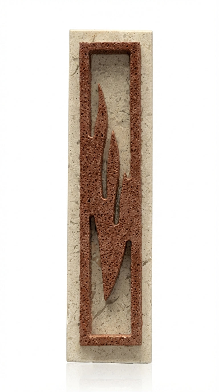 High-resolution image of a classic Jerusalem stone mezuzah with Shin symbol, on a white studio background with subtle reflection, showcasing textured natural stone.