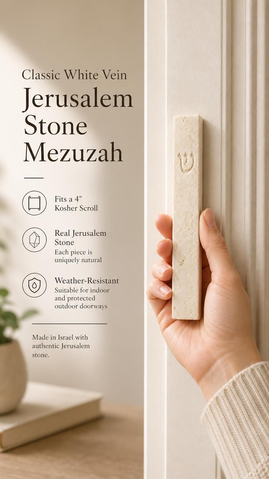 Female hand holding the classic white vein Jerusalem stone mezuzah showcasing its natural texture, subtle ivory and beige tones, and white-tone Shin