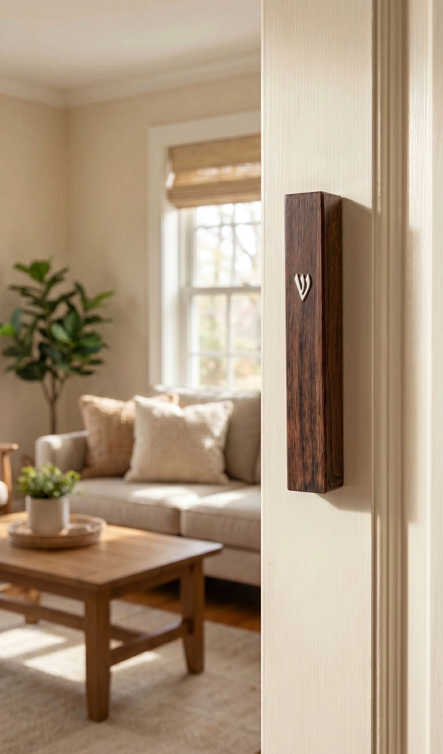 Realistic image of a beige interior doorway with a wood-inspired brown plastic mezuzah mounted on the right side, showcasing traditional Jewish decor.