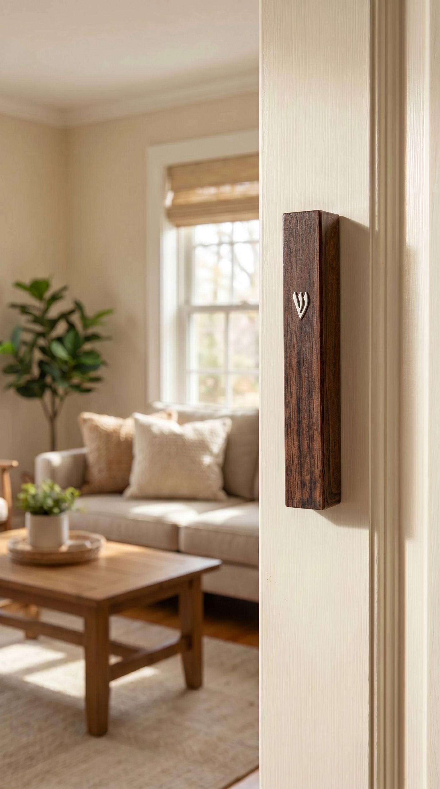 Realistic image of a beige interior doorway with a wood-inspired brown plastic mezuzah mounted on the right side, showcasing traditional Jewish decor.