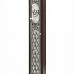 Large wooden and silver mezuzah with Hebrew inscriptions, designed for home doors, 8.75 inches tall, with detailed craftsmanship.