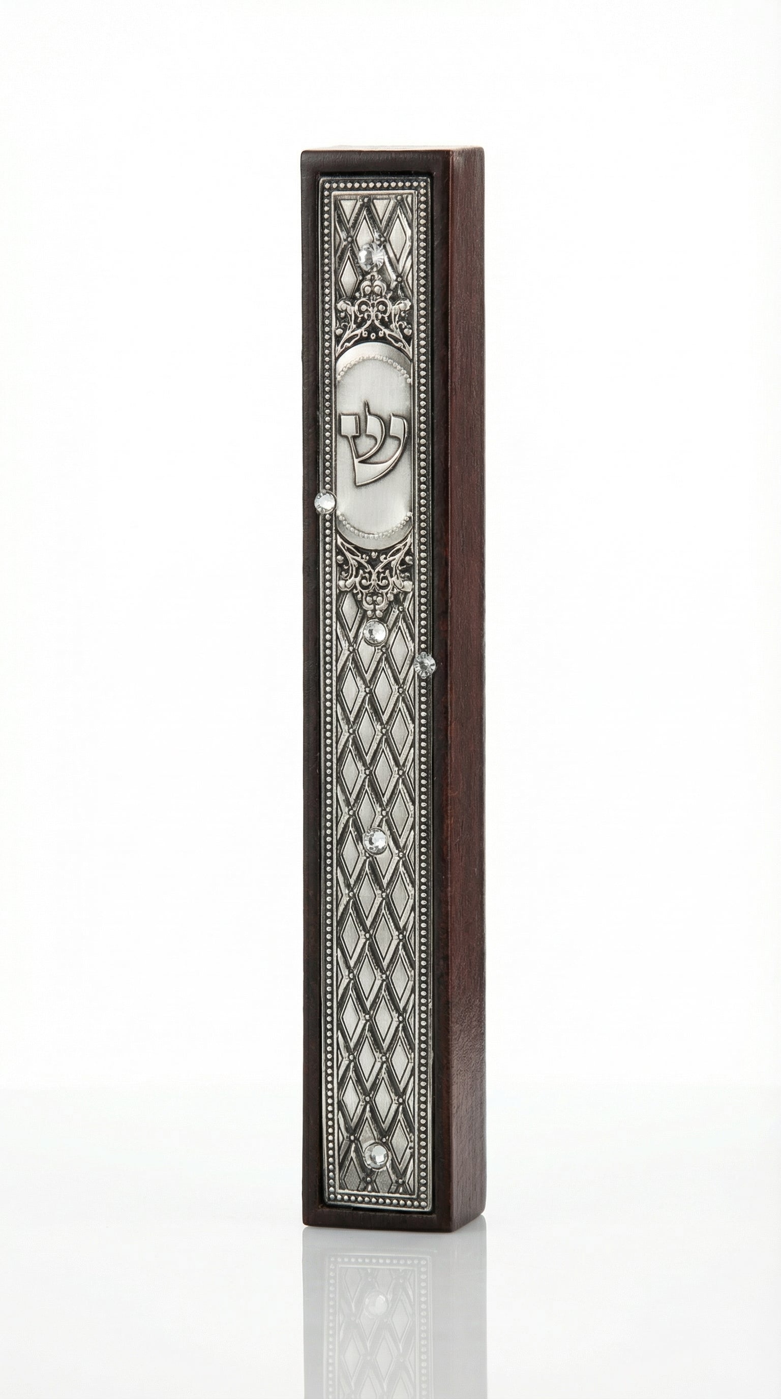 Large wooden and silver mezuzah with Hebrew inscriptions, designed for home doors, 8.75 inches tall, with detailed craftsmanship.