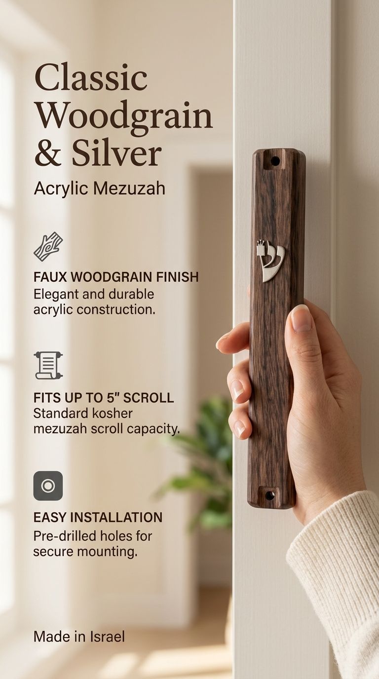 Person holding a classic brown woodgrain acrylic mezuzah with a silver Shin letter in a brightly lit editorial setting.