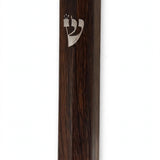 Classic Woodgrain Silver Shin Acrylic Mezuzah on a white background, a dark brown wood-look acrylic mezuzah case made in Israel with a silver crowned Shin and mounting holes at both ends, sized for a 5-inch kosher scroll