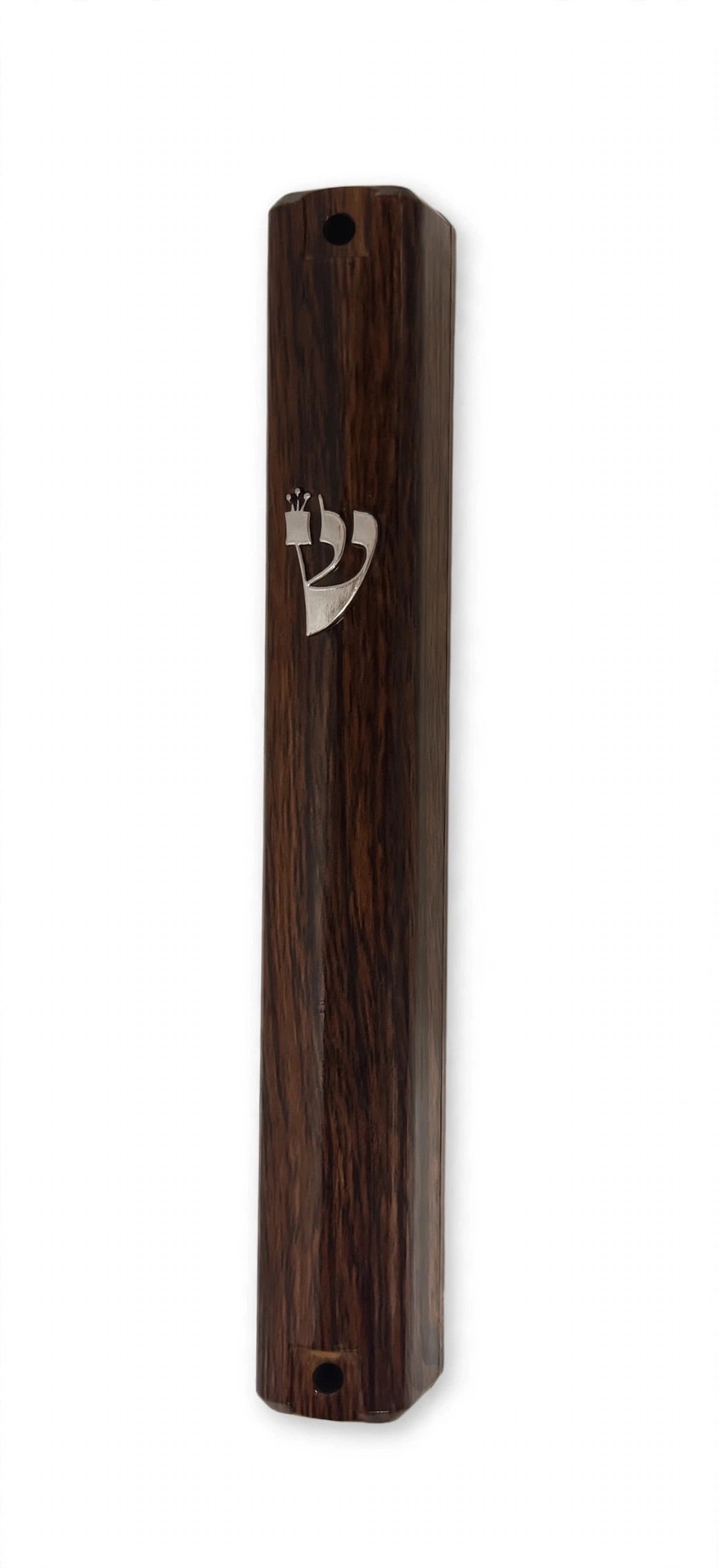 Classic Woodgrain Silver Shin Acrylic Mezuzah on a white background, a dark brown wood-look acrylic mezuzah case made in Israel with a silver crowned Shin and mounting holes at both ends, sized for a 5-inch kosher scroll