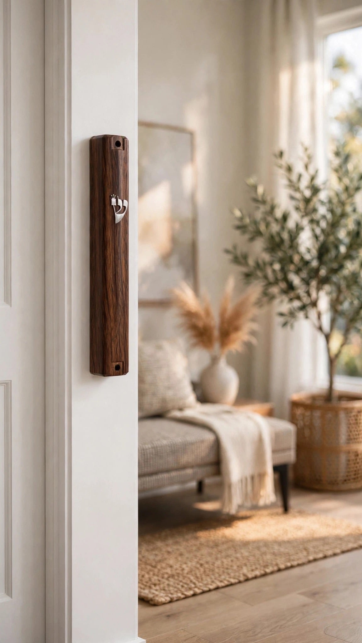 Classic woodgrain acrylic mezuzah with a silver Shin mounted on a white doorframe beside a warm living room with a potted olive tree, showing the dark wood-look finish and slim profile of this waterproof Israeli mezuzah case in place