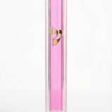 Elegant pink Lucite Mezuzah with detailed Hebrew inscriptions, displayed on a white background with subtle reflection for a high-end look.