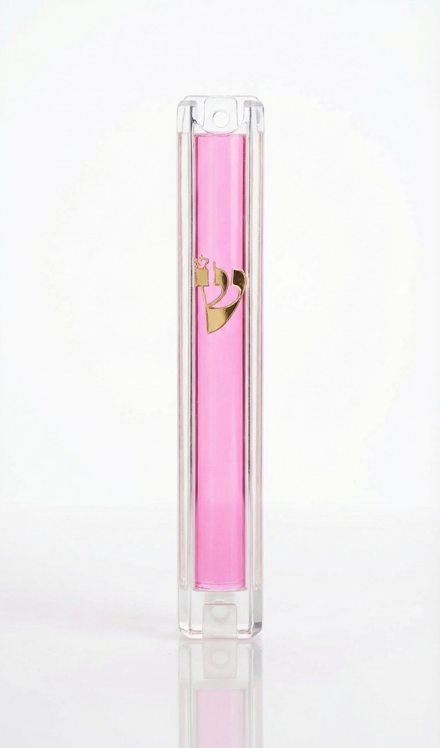 Elegant pink Lucite Mezuzah with detailed Hebrew inscriptions, displayed on a white background with subtle reflection for a high-end look.