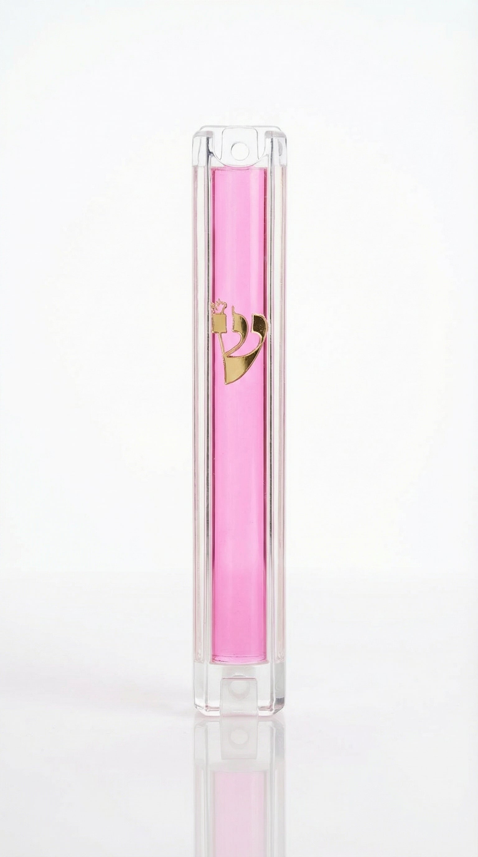 Elegant pink Lucite Mezuzah with detailed Hebrew inscriptions, displayed on a white background with subtle reflection for a high-end look.