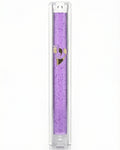 Transparent purple Lucite Mezuzah with Hebrew lettering, displayed upright against a white background with soft reflection.
