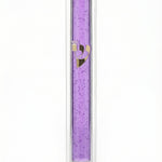 Transparent purple Lucite Mezuzah with Hebrew lettering, displayed upright against a white background with soft reflection.
