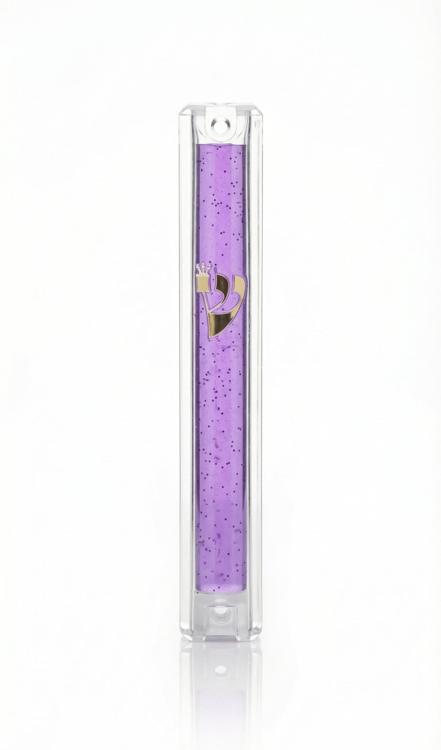 Transparent purple Lucite Mezuzah with Hebrew lettering, displayed upright against a white background with soft reflection.