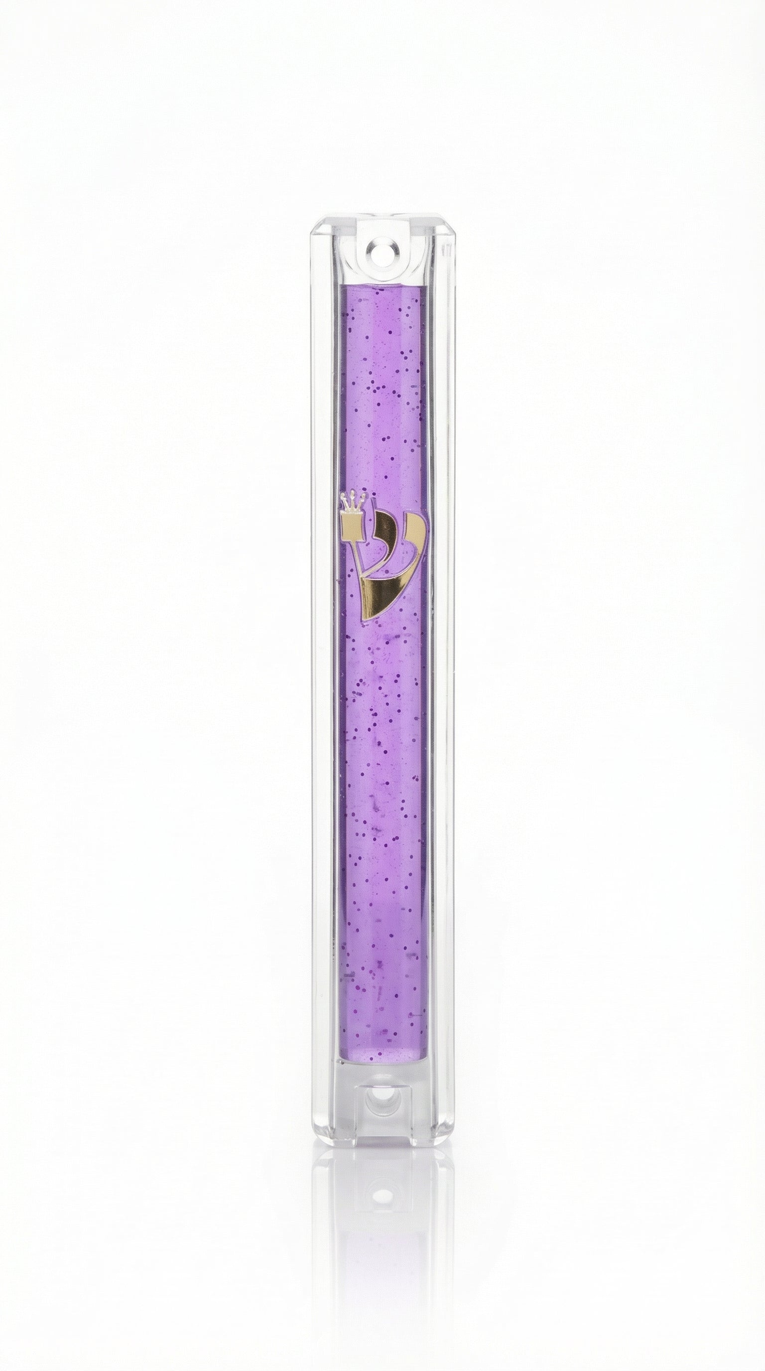 Transparent purple Lucite Mezuzah with Hebrew lettering, displayed upright against a white background with soft reflection.