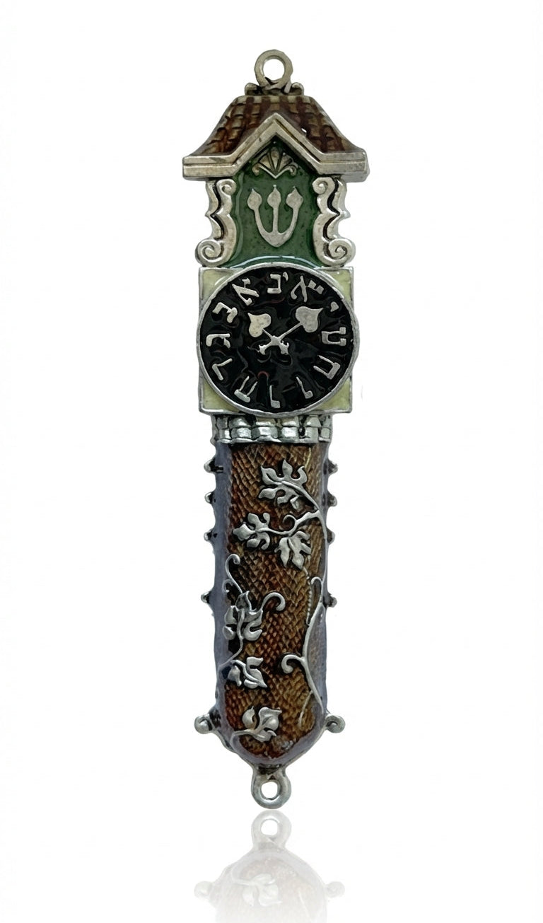 Upscale clock mezuzah made of pewter with hand-painted enamel, 5 inches tall, on a clean white background with soft reflection, showcasing fine details.