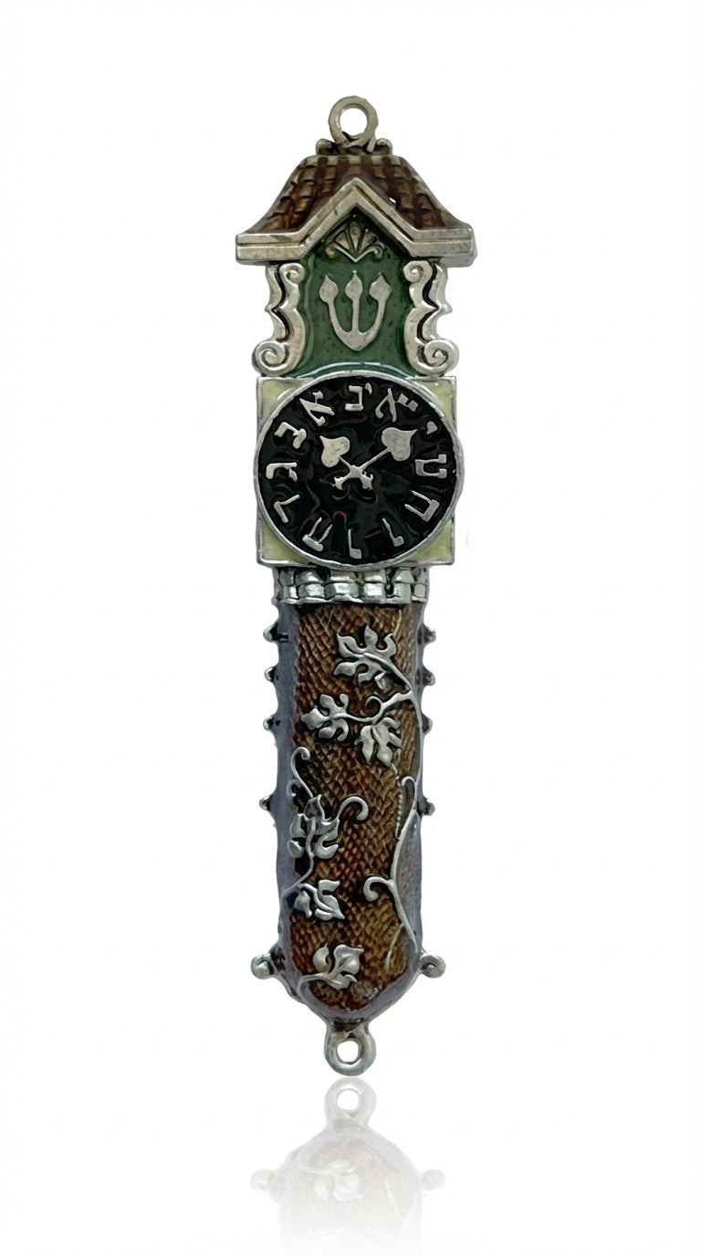 Upscale clock mezuzah made of pewter with hand-painted enamel, 5 inches tall, on a clean white background with soft reflection, showcasing fine details.