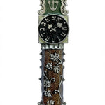 Upscale clock mezuzah made of pewter with hand-painted enamel, 5 inches tall, on a clean white background with soft reflection, showcasing fine details.