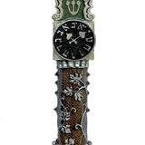 Upscale clock mezuzah made of pewter with hand-painted enamel, 5 inches tall, on a clean white background with soft reflection, showcasing fine details.