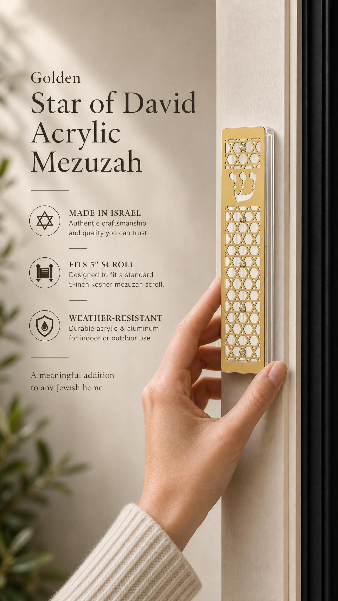 Person holding the gold acrylic mezuzah, highlighting its detailed star of david design and Hebrew Shin.