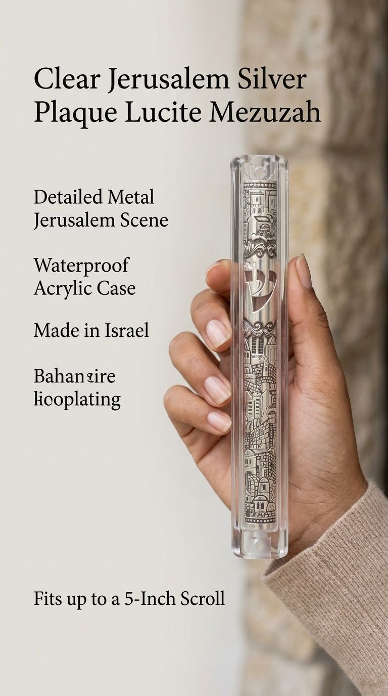 Close-up of the Clear Jerusalem Silver Plaque Lucite Mezuzah held in hands, highlighting its craftsmanship and detailed design.
