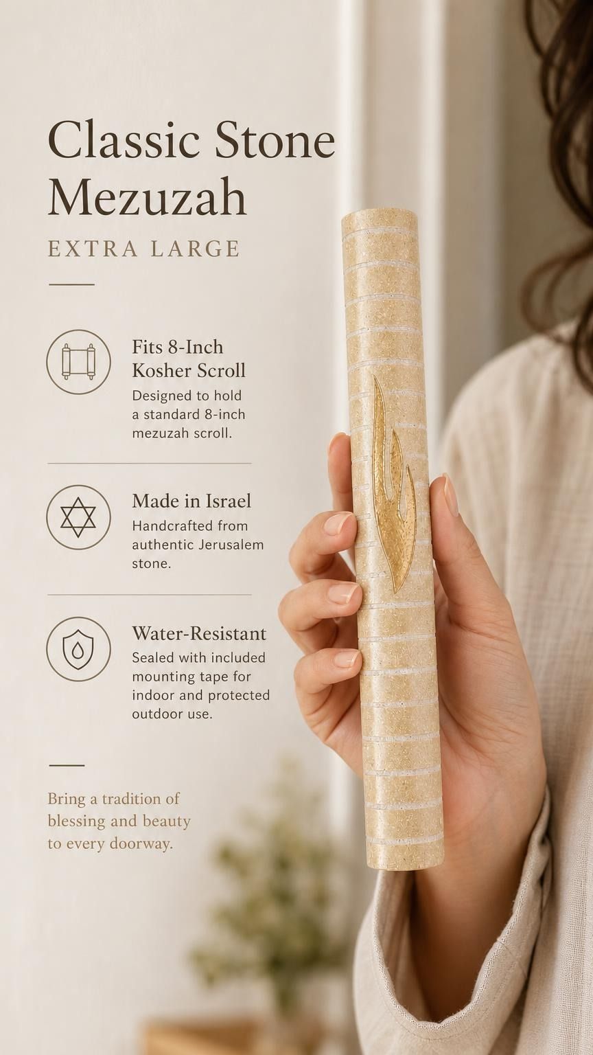 Close-up of Jerusalem stone mezuzah in hand, highlighting texture, shape, and material for online display.
