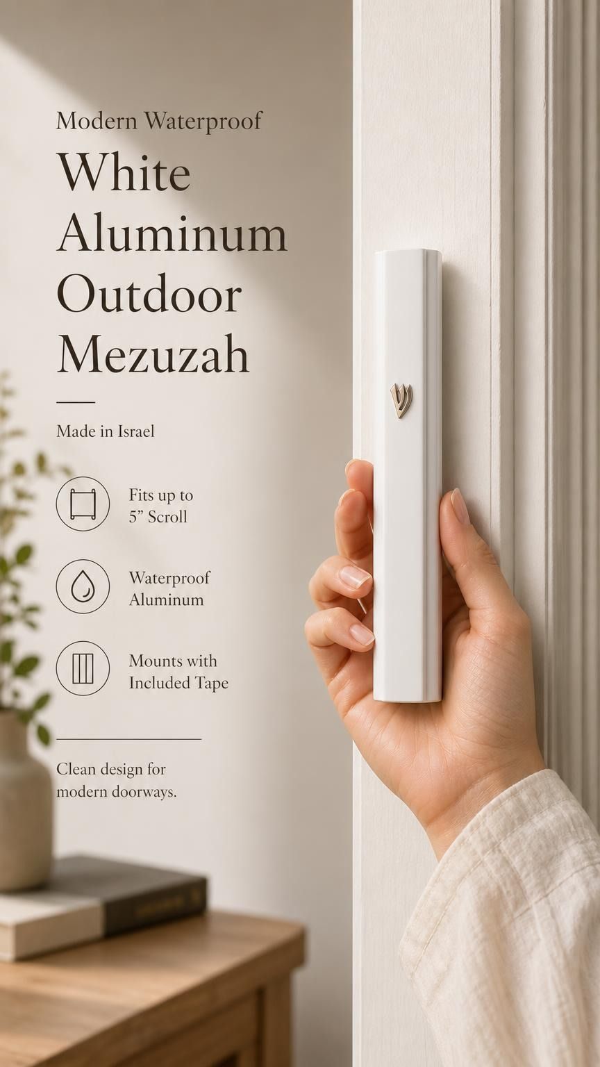 Close-up of a person holding the white aluminum outdoor mezuzah, emphasizing its profile and details.
