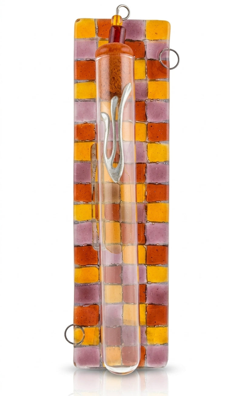 Contemporary fused-glass Mezuzah with colorful checkerboard pattern, made in Israel, 4.5 inches tall, includes options for scrolls and mounting.