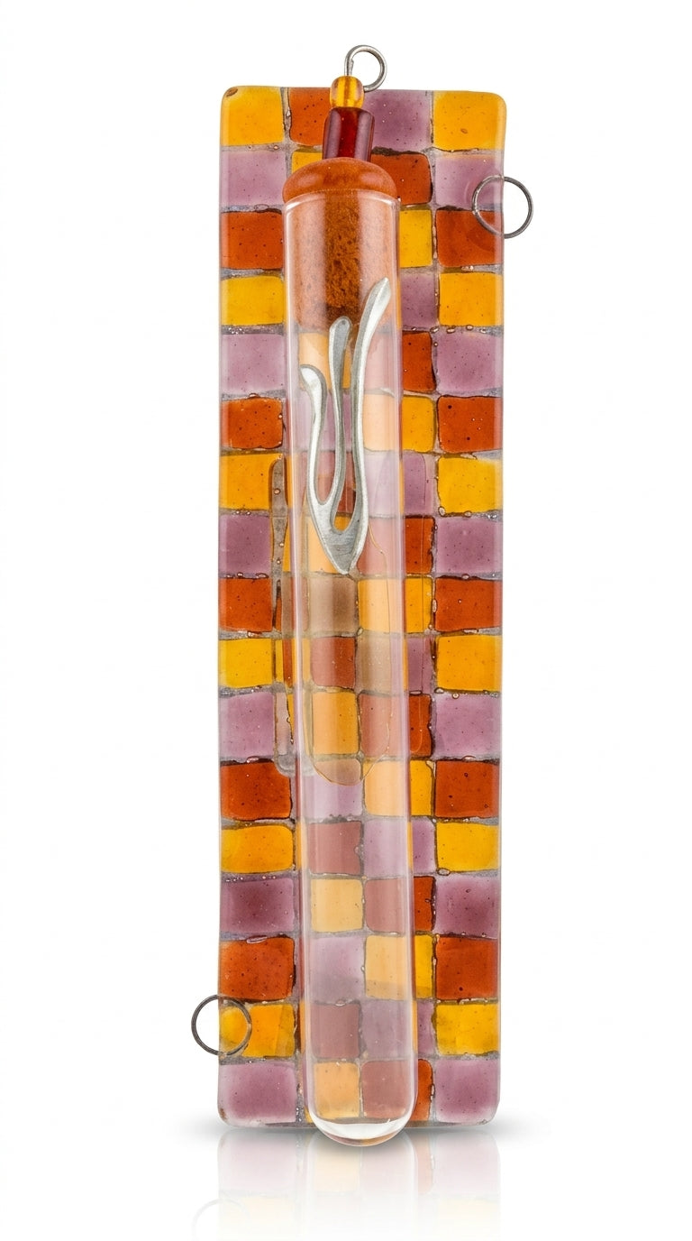 Contemporary fused-glass Mezuzah with colorful checkerboard pattern, made in Israel, 4.5 inches tall, includes options for scrolls and mounting.
