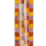 Contemporary fused-glass Mezuzah with colorful checkerboard pattern, made in Israel, 4.5 inches tall, includes options for scrolls and mounting.