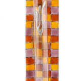 Contemporary fused-glass Mezuzah with colorful checkerboard pattern, made in Israel, 4.5 inches tall, includes options for scrolls and mounting.