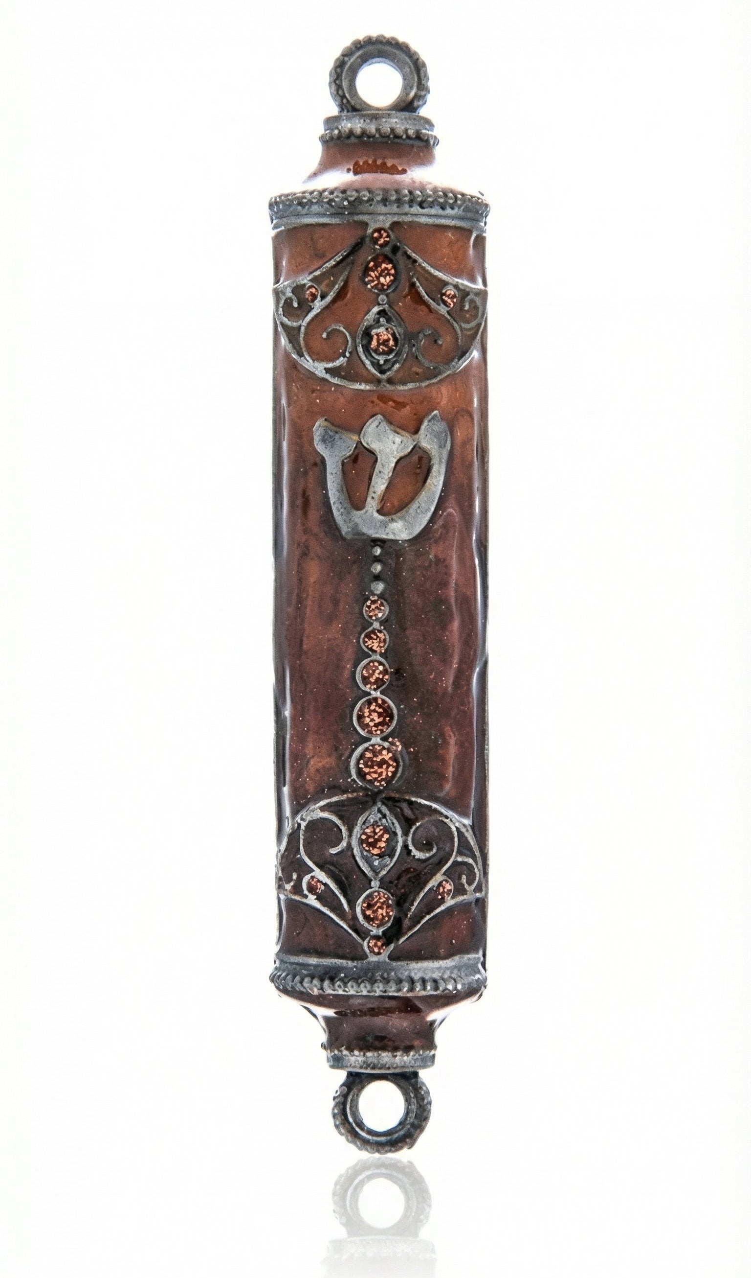 Upgraded high-resolution image of a Colorado Mezuzah, showcasing fine details, engraved Hebrew letters, decorative motifs, against a pure white studio background with soft reflection.