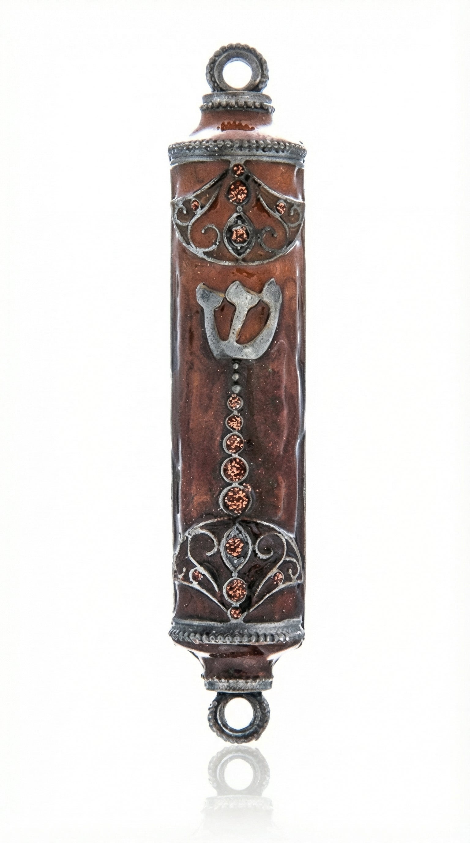 Upgraded high-resolution image of a Colorado Mezuzah, showcasing fine details, engraved Hebrew letters, decorative motifs, against a pure white studio background with soft reflection.