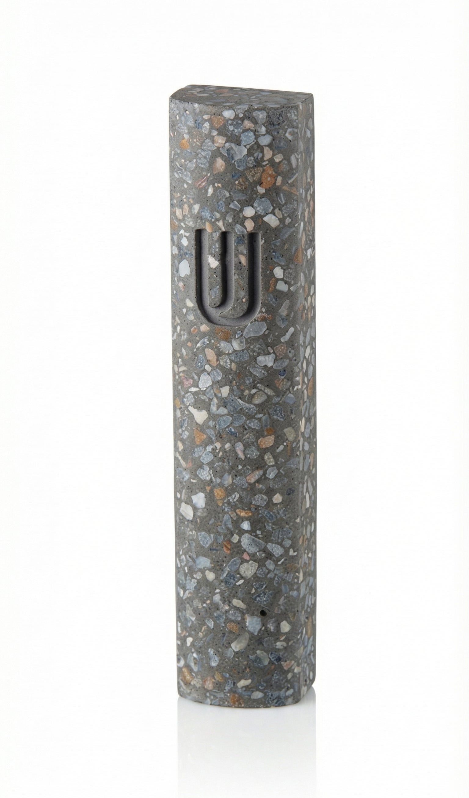 Colorful cement mezuzah with modern design and durable finish, suitable for Jewish home doorways, featuring Hebrew inscriptions and decorative motifs.
