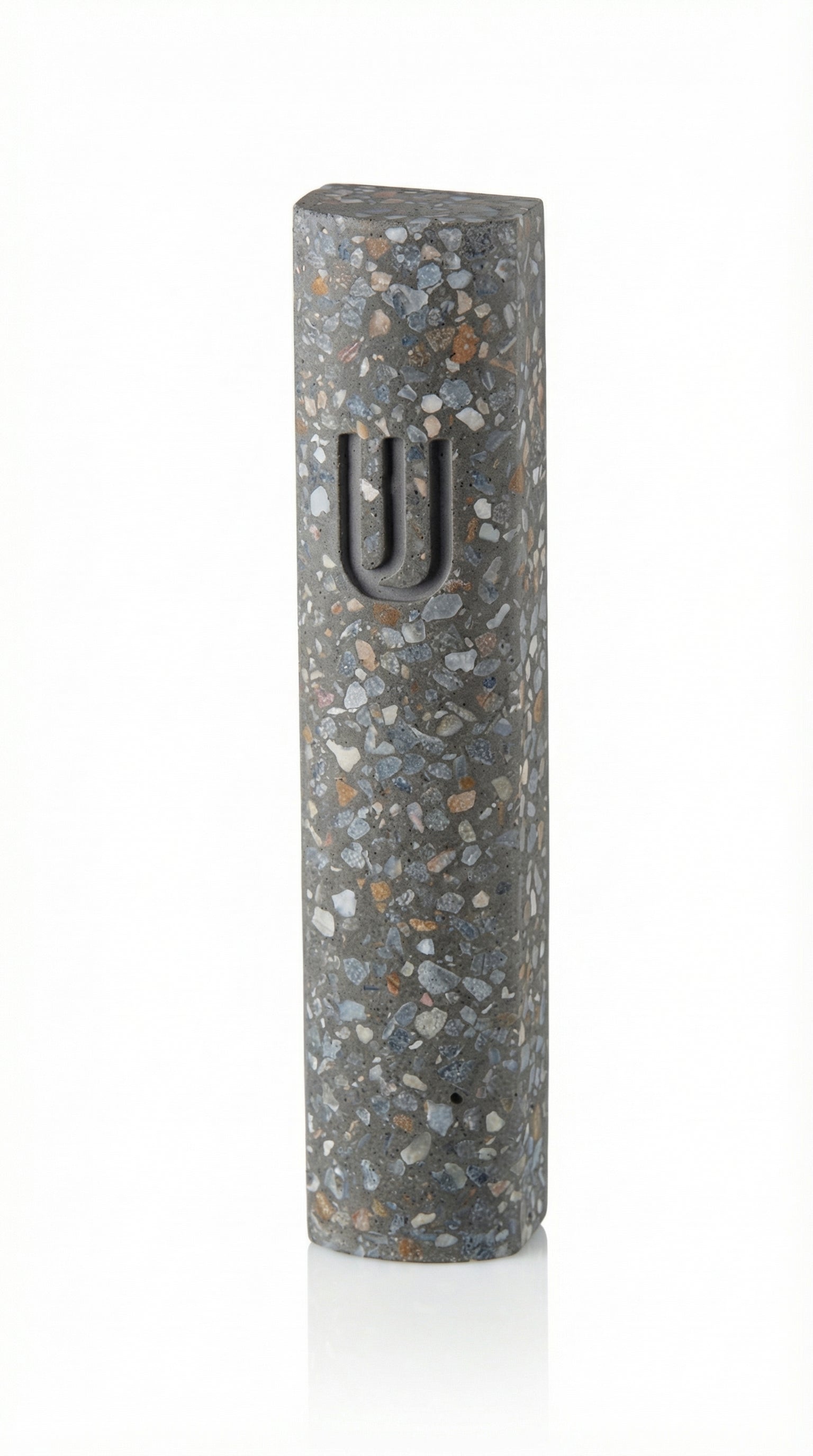 Colorful cement mezuzah with modern design and durable finish, suitable for Jewish home doorways, featuring Hebrew inscriptions and decorative motifs.
