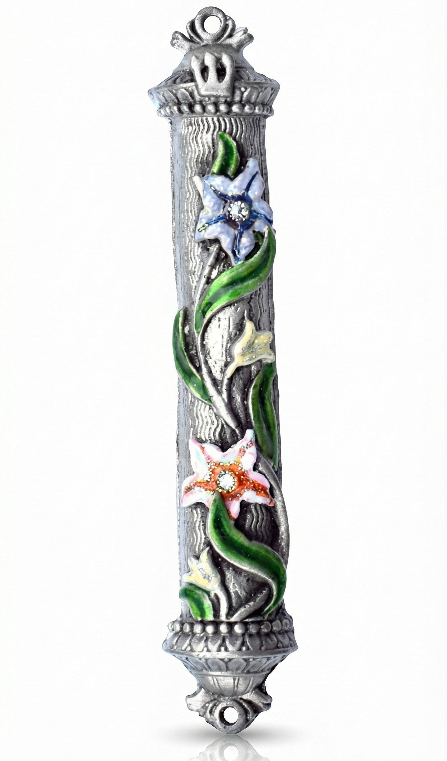 Vibrant hand-painted floral enamel mezuzah with crystal accents on pewter, displayed vertically against a clean white studio background with a subtle reflection.