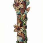9.5 inch brass mezuzah adorned with intertwined flowers and vines, accented with stones, detailed layered design, on a white background with a subtle reflection.